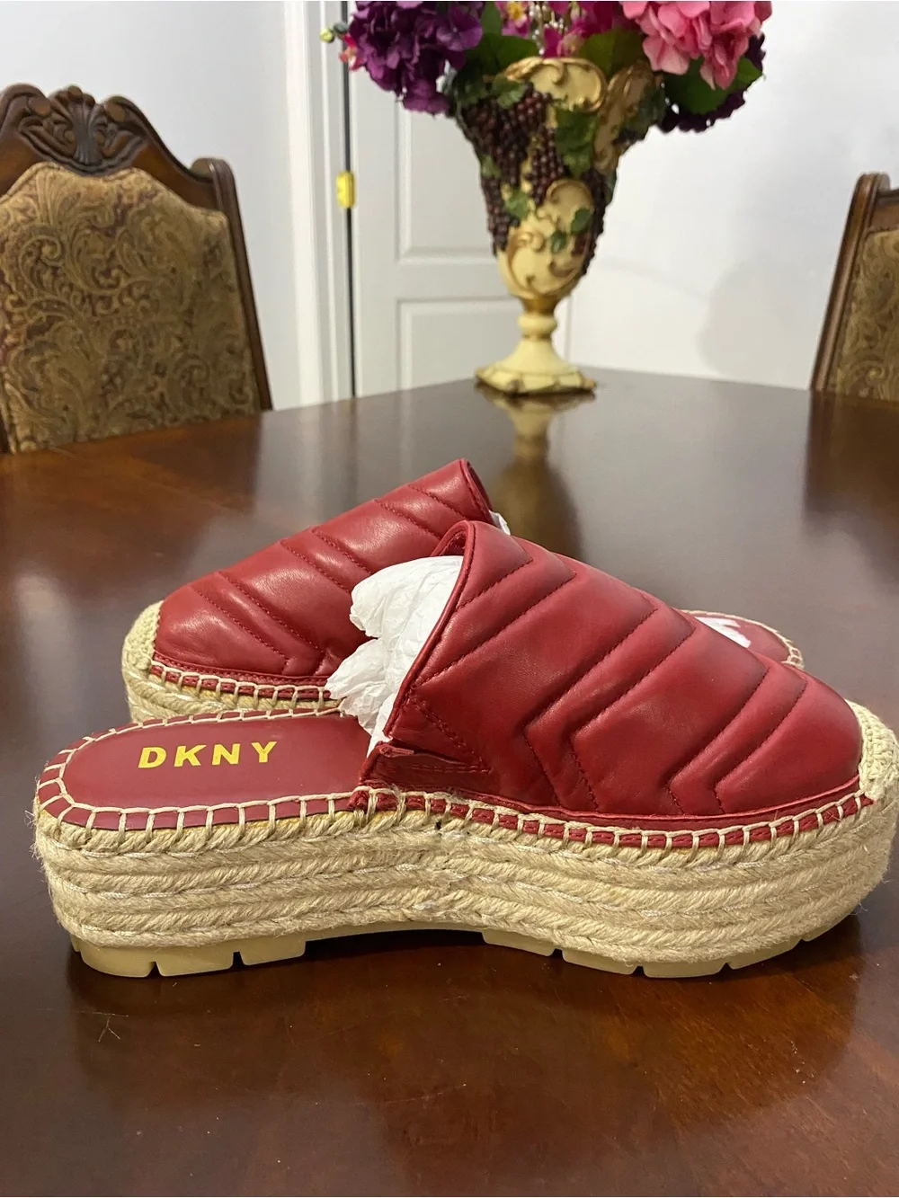 DKNY Quilted Red Leather Espadrille Platform Slip-On